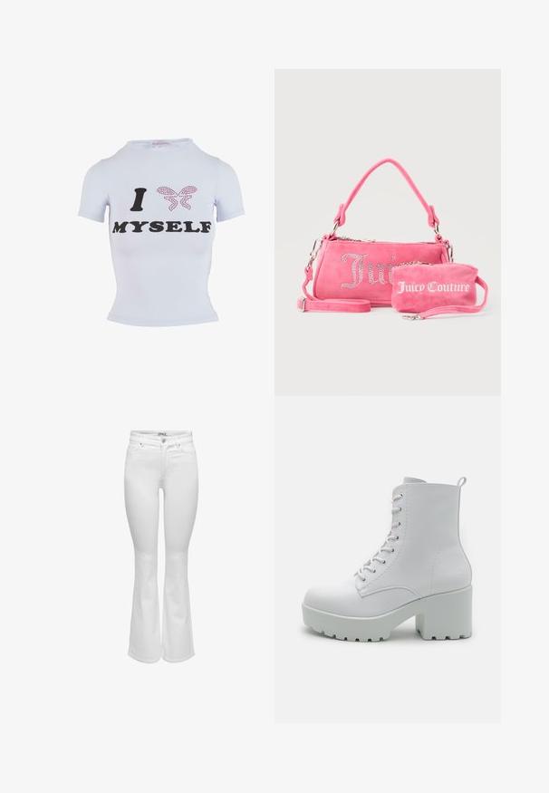 Witte t-shirt met korte mouwen met zwarte tekst "I" en "MYSELF" en een roze vlinderontwerp van rhinestones. Aansluitend silhouet.; Witte flared spijkerbroek met hoge taille, voorzien van knopen aan de voorkant, rits en design met vijf zakken, weergegeven op een effen achtergrond.; Witte enkellaarsjes met een robuuste blokhak, een gladde synthetische bovenkant, voorlacing en een getextureerde rubberen zool. Minimalistisch ontwerp zonder patronen.; Twee roze Juicy Couture-tassen, één grotere met kristallen letters en een handvat, één kleinere met witte letters en een polsriempje, op een grijze achtergrond.
