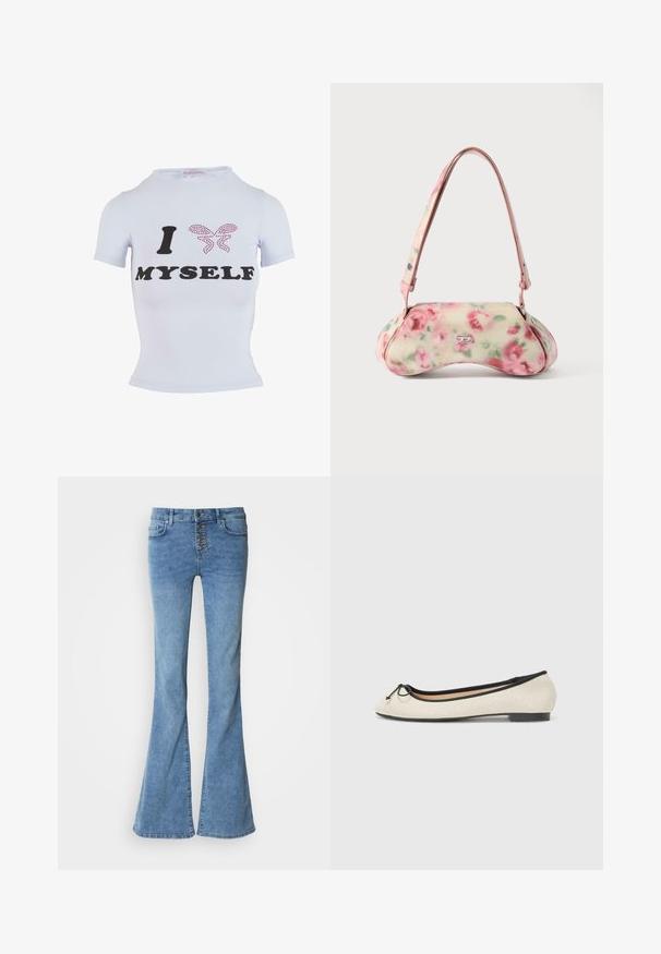 Witte t-shirt met korte mouwen met zwarte tekst "I" en "MYSELF" en een roze vlinderontwerp van rhinestones. Aansluitend silhouet.; Uitlopende blauwe spijkerbroek met hoge taille en sluiting met vijf knopen. Voorzien van steekzakken en een vervaagde wassing.; Balletschoen in een beige textiel met een zwarte rand. Heeft een ronde neus en een kleine strikaccent aan de voorkant. Laag profiel zool.; Handtas met bloemenprint en een gebogen vorm, voornamelijk crèmekleurig met roze rozen, voorzien van een roze bandje en een zilverkleurig logoaccent. Gladde textuur.