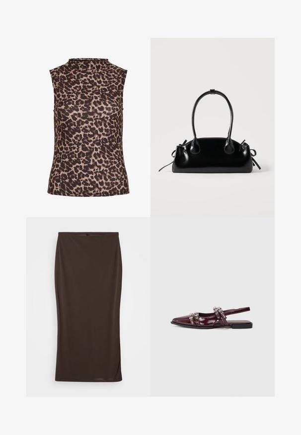 Ærmeløs top i leopardprint med højt halsudskæring. Fremstillet af et glat, strækbart stof i brune og beige nuancer.; Brun midi nederdel lavet af strækbart stof, tætsiddende design, glat tekstur og et enkelt, udekoreret udseende.; Bordeaux patentlæder slingback flad sandal med spids tå, der har dekorerede remme med metalliske detaljer.; Lille sort blank håndtaske med to lange håndtag og snøre-detaljer i siden på en ensfarvet lys baggrund.