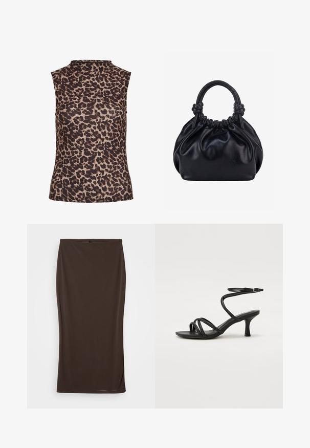 Ærmeløs top i leopardprint med højt halsudskæring. Fremstillet af et glat, strækbart stof i brune og beige nuancer.; Brun midi nederdel lavet af strækbart stof, tætsiddende design, glat tekstur og et enkelt, udekoreret udseende.; Even&Odd Wide Fit by Zalando Sandaler - black; Sort blød læderhåndtaske med samlet top og to tykke håndtag bundet i knuder mod en ensfarvet lys baggrund.
