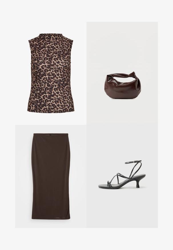 Ærmeløs top i leopardprint med højt halsudskæring. Fremstillet af et glat, strækbart stof i brune og beige nuancer.; Brun midi nederdel lavet af strækbart stof, tætsiddende design, glat tekstur og et enkelt, udekoreret udseende.; Sorte hælede sandaler med tynde stropper, åbent tådesign og en lille, flared hæl. Materialet ser glat og blankt ud.; Mørkebrun læder skuldertaske med en blød, afslappet form og et snoet knudehåndtag på en ensartet hvid baggrund.