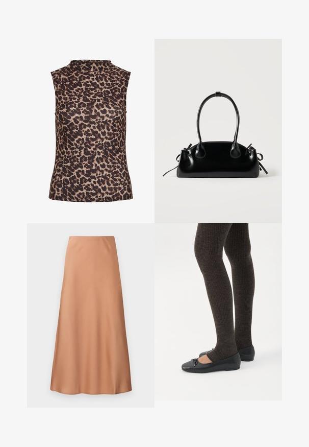 Ærmeløs top i leopardprint med højt halsudskæring. Fremstillet af et glat, strækbart stof i brune og beige nuancer.; En lang A-linjeet nederdel i et blødt, mellem ferskenfarvet stof med en glat tekstur og uden synlige mønstre eller udsmykninger.; Ben iført mørke ribbede leggings kombineret med sorte balletsko med små sløjfedetaljer på hvid baggrund.; Lille sort blank håndtaske med to lange håndtag og snøre-detaljer i siden på en ensfarvet lys baggrund.