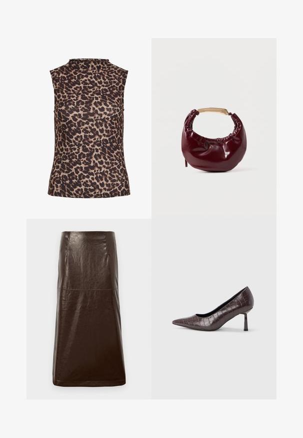 Ærmeløs top i leopardprint med højt halsudskæring. Fremstillet af et glat, strækbart stof i brune og beige nuancer.; Brun lædernederdel med en glat overflade, lige silhuet og subtil glans. Har en knælængde og minimale syninger.; Brune kunstlæder stiletter med spidse tæer og krokodilletekstur, der har en slank, vinklet hæl og en glat inderside.; Bordeaux farvet faux læder handbag med en afrundet form, samling detaljer og et guldtonet metalhåndtag. Glat tekstur og blank finish.