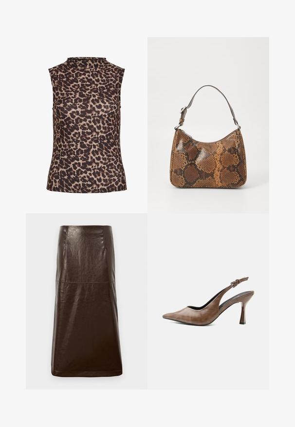 Ærmeløs top i leopardprint med højt halsudskæring. Fremstillet af et glat, strækbart stof i brune og beige nuancer.; Brun lædernederdel med en glat overflade, lige silhuet og subtil glans. Har en knælængde og minimale syninger.; Brun lædersandal med høj hæl, spids tå, justerbar rem med spænde og slank tilspidset hæl.; Lille håndtaske med brun og sort slangeskinn mønster, kort justerbar rem og lynlåslukning.