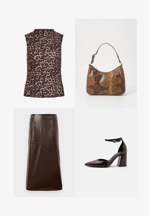 Ærmeløs top i leopardprint med højt halsudskæring. Fremstillet af et glat, strækbart stof i brune og beige nuancer.; Brun lædernederdel med en glat overflade, lige silhuet og subtil glans. Har en knælængde og minimale syninger.; Mørkebrunt læder pumps med spids tå, høj hæl, ankelrem og sølvspænde på hvid baggrund.; Lille håndtaske med brun og sort slangeskinn mønster, kort justerbar rem og lynlåslukning.