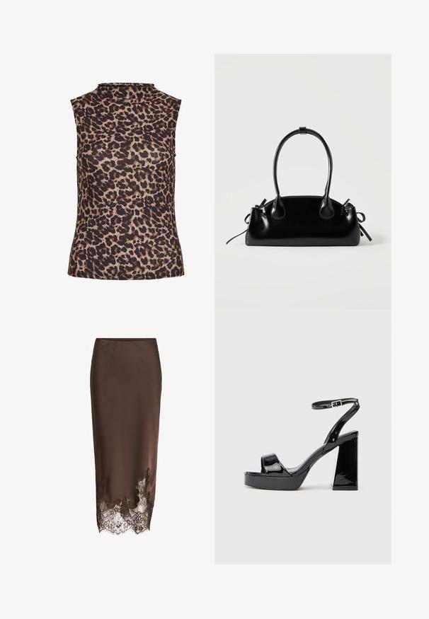Ærmeløs top i leopardprint med højt halsudskæring. Fremstillet af et glat, strækbart stof i brune og beige nuancer.; Brun satin midinederdel med blonderand med indviklede blomster mønstre og bølgede kanter.; Sorte patentlæder platform sandaler med chunky høj hæl og ankelrem med spænde på hvid baggrund.; Lille sort blank håndtaske med to lange håndtag og snøre-detaljer i siden på en ensfarvet lys baggrund.