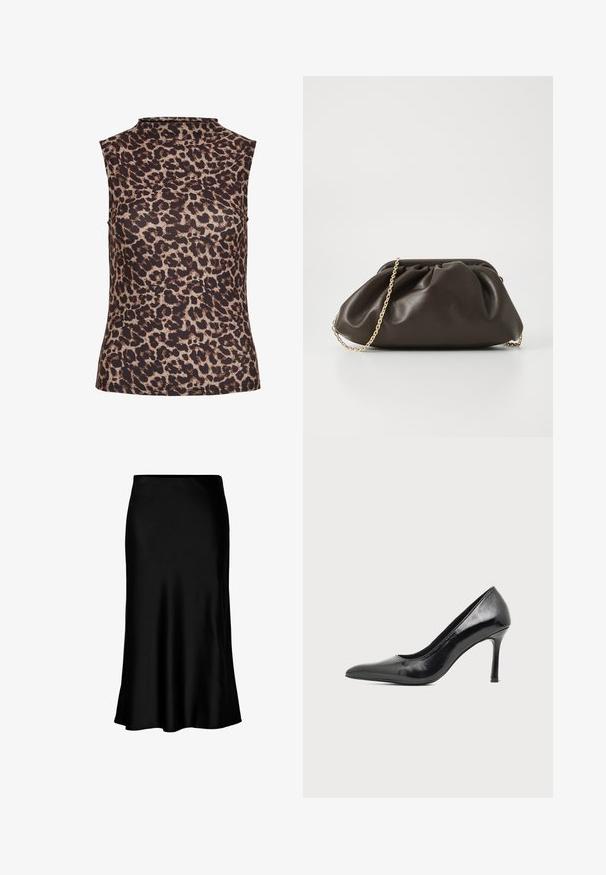 Ærmeløs top i leopardprint med højt halsudskæring. Fremstillet af et glat, strækbart stof i brune og beige nuancer.; Sort satin midi-nederdel med en glat tekstur, klokkeformet kant og en tætsiddende talje, der har et enkelt, klassisk design.; Sort laklæder damestilet med spids tå og slank hæl på en ensartet lys baggrund.; Brun læderhandtaske med en sammensnøring, guld kædestrop og blød, struktureret overflade. Kompakt form velegnet til aftensbrug.