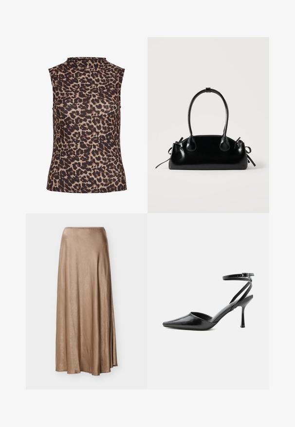 Ærmeløs top i leopardprint med højt halsudskæring. Fremstillet af et glat, strækbart stof i brune og beige nuancer.; Beige satin midi nederdel med let vidde og glat tekstur, der har en tætsiddende taljebånd og bløde folder.; Sort spids højhælet sko med tynde ankelremme og sølvspænde på en ensfarvet lys baggrund.; Lille sort blank håndtaske med to lange håndtag og snøre-detaljer i siden på en ensfarvet lys baggrund.