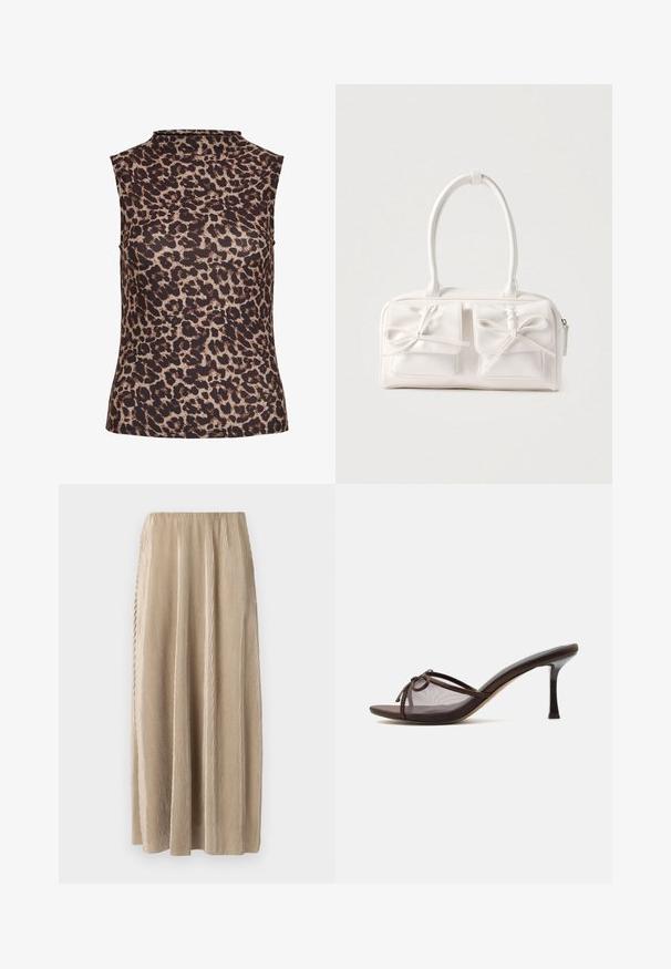 Ærmeløs top i leopardprint med højt halsudskæring. Fremstillet af et glat, strækbart stof i brune og beige nuancer.; Plisseret beige midi-skjørt med elastisk talje, der har lodrette striber og en flydende silhuet for nem bevægelse.; Brun åben tå mule med mellemhøj stiletthæl, gennemsigtigt mesh overdel og lille sløjfedetalje på toppen.; Hvid syntetisk håndtaske med to forlommer, hver med en bundet sløjfedetalje. Glat tekstur, afrundede håndtag og lynlås lukning.