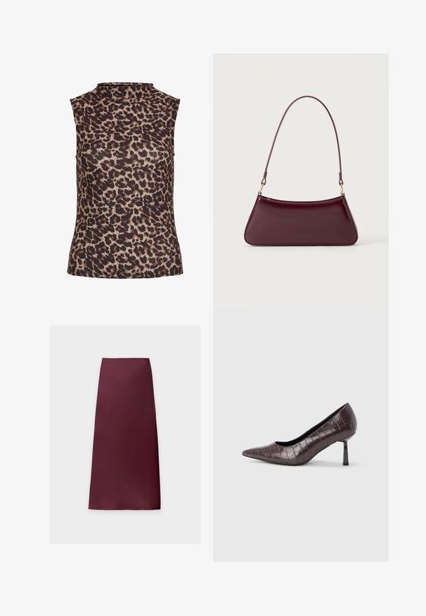 Ærmeløs top i leopardprint med højt halsudskæring. Fremstillet af et glat, strækbart stof i brune og beige nuancer.; Midi-nederdel i lige snit i ensfarvet mørk bordeaux med glat stof og uden synlige mønstre eller pynt.; Brune kunstlæder stiletter med spidse tæer og krokodilletekstur, der har en slank, vinklet hæl og en glat inderside.; Mørk burgunderglans håndtaske med et enkelt tyndt håndtag og en elegant, trapezformet form på en ensartet lys baggrund.