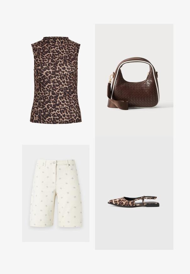 Mouwloos topje in luipaardprint, met een hoge hals. Gemaakt van een gladde, rekbare stof met een bruin en beige kleurenschema.; Crèmewitte denim shorts met kleine paarse en gele bloemenprints, een knoop aan de voorkant, lussen voor een riem en zijzakken.; Leopardprint platte slingback-schoen met spitse neus, open zijkanten en kleine zwarte hak. Materiaal lijkt glad met een lichte glans.; Bruine geweven leren handtas met witte bies, gouden ritssluiting en afneembare bruine stoffen schouderriem.