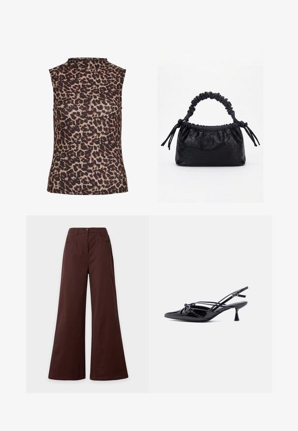 Top sans manches au motif léopard, avec un col haut. Fabriqué en tissu lisse et extensible avec une combinaison de couleurs marron et beige.; Pantalon marron à jambes larges avec bouton à l'avant et poches, présenté sur un fond clair uni.; Escarpin slingback en cuir verni noir, bout pointu, petit talon kitten et nœud décoratif noué à l'avant.; Sac à main noir avec texture crocodile, bord supérieur froncé, poignée plissée et pompons à cordon de chaque côté sur fond blanc.