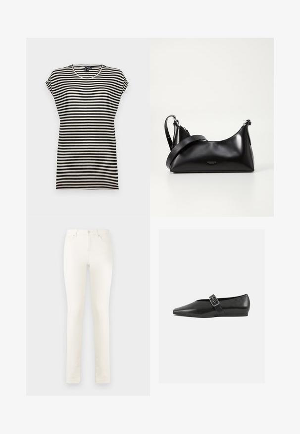 T-shirt à manches courtes noir et blanc à rayures, avec un col rond, une coupe décontractée et une texture de tissu en coton doux.; Jean en denim blanc avec jambe droite, taille haute, poches avant et fermeture à un seul bouton. Texture lisse, détails de couture minimaux.; Chaussure plate en cuir noir avec un orteil pointu, présentant une sangle à boucle métallique sur le cou-de-pied et une semelle basse et flexible.; Sac à main en cuir noir avec une texture lisse. Dispose d'une bandoulière adjustable et d'un design élégant et minimaliste avec une fermeture éclair.