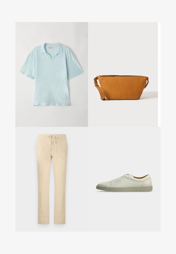 Lichtblauwe polo met korte mouwen, een kraag en een ontspannen pasvorm. Zachte, gestructureerde stof met een subtiel gemêleerd patroon.; Beige linnen broek met rechte pijpen, een elastische tailleband en een trekkoord aan de voorkant.; Witte lage lederen sneaker met beige zool, zijveters en minimale stiksel details, getoond op een eenvoudige lichtgrijze achtergrond.; Lichtbruine leren crossbodytas met verstelbare band en ritssluiting, getoond tegen een effen lichte achtergrond.