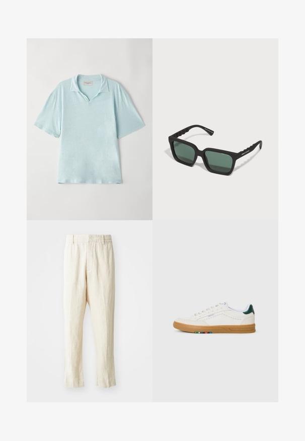Hellblaues, kurzärmliges Poloshirt mit Kragen und einem lässigen Schnitt. Weicher, strukturierter Stoff mit einem subtilen Melange-Muster.; Beige Leinenhosen mit lockerer Passform, schmal zulaufenden Beinen und flachem Bund. Verfügt über einen elastischen Taillenbund für Komfort und minimale Nahtdetails.; Weiße Leder-Sneaker mit Perforationsdesign, Gummisohle, grünem Fersenakzent und buntem Streifenmuster an der Seite.; Armani Exchange Sonnenbrille - matte black