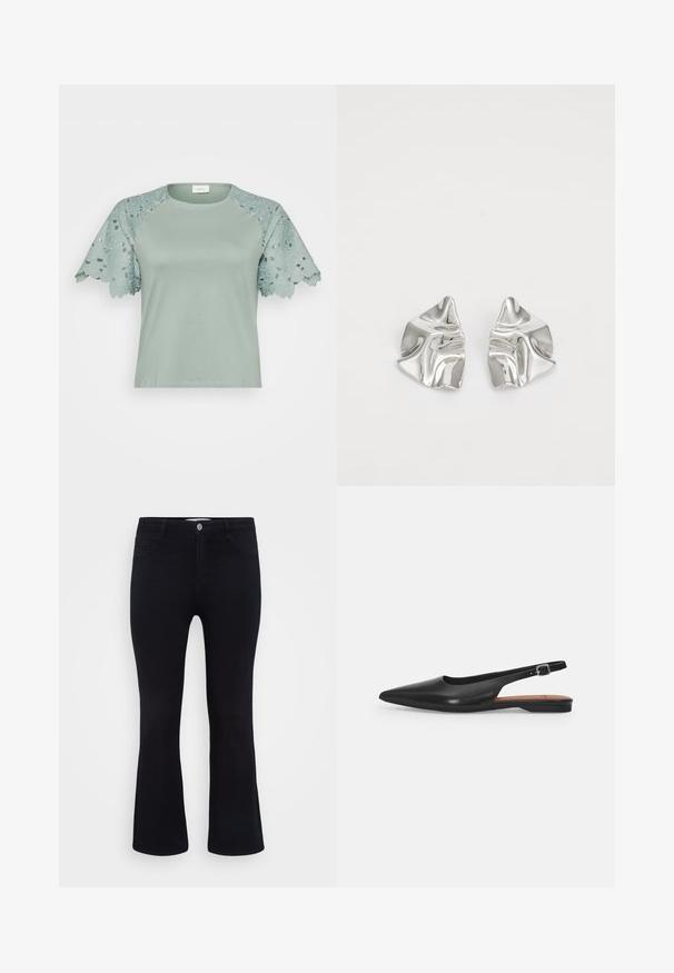 Lys grøn top med blondeærmer, der har blomsterkanter og udskæringsdetaljer, der fremhæver et afslappet, men stilfuldt design.; ONLY Carmakoma Flared fit CARTHUNDER Mid waist - Flared jeans - black denim; Sorte læder slingback sko med spidse tæer, subtil glans og justerbar ankelrem. Flad hæl med en brun indersål.; Sølvmetal øreringe med et bølgende, skulpturelt design, der har en poleret overflade og uregelmæssige former, hvilket fremhæver en moderne æstetik.