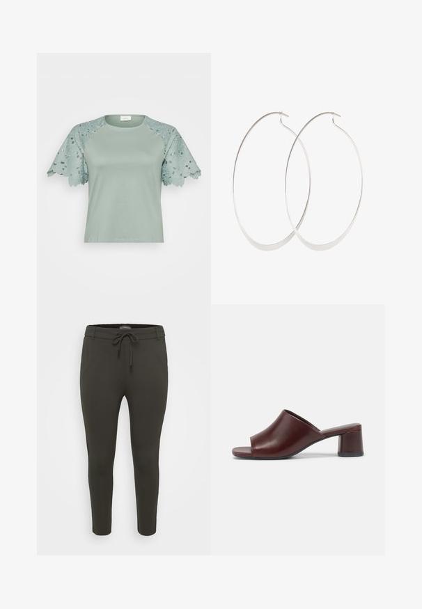 Lys grøn top med blondeærmer, der har blomsterkanter og udskæringsdetaljer, der fremhæver et afslappet, men stilfuldt design.; Mørkegrønne, tætsiddende joggerbukser lavet af blødt materiale, med en strækbar talje med snøre og sidelommer.; Mørk burgunder åbne slide sandaler lavet af glat læder med et rundt design og en klodset hæl for stabilitet. Vist i sidevisning.; Sølv hoops øreringe med et tyndt, glat design; langstrakt oval form; poleret finish; har en sikker krog lukning.