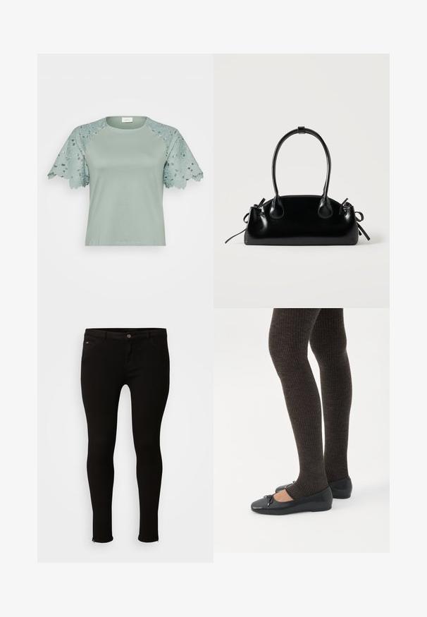Lys grøn top med blondeærmer, der har blomsterkanter og udskæringsdetaljer, der fremhæver et afslappet, men stilfuldt design.; Sorte slim-fit jeans med frontknap, forreste og bageste lommer samt små lynlåse ved anklerne på en hvid baggrund.; Ben iført mørke ribbede leggings kombineret med sorte balletsko med små sløjfedetaljer på hvid baggrund.; Lille sort blank håndtaske med to lange håndtag og snøre-detaljer i siden på en ensfarvet lys baggrund.