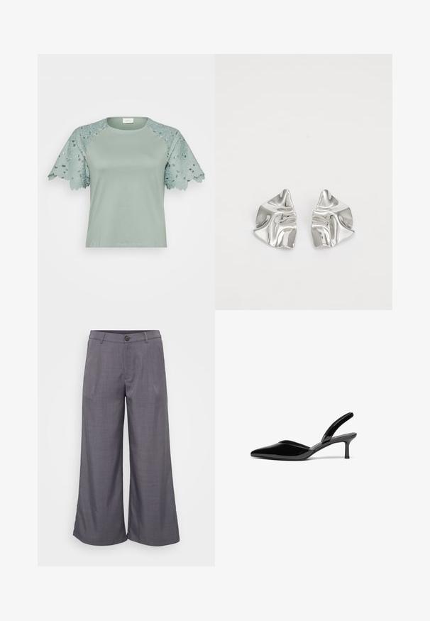 Lichtgroene top met kantensleeves met bloemmotieven en uitsnijdingen, die een casual maar stijlvolle uitstraling laat zien.; Grijze wijde broek van soepel materiaal, met een knoopsluiting aan de voorkant, plooien en een ontspannen pasvorm tot aan de enkels.; Zwarte gepolijste leren slingback hakken met een puntige neus, een lage stiletto hak en een elegant, eenvoudig ontwerp zonder versieringen.; Zilveren metalen oorbellen met een golvend, sculpturaal ontwerp, voorzien van een gepolijste afwerking en onregelmatige vormen, die een hedendaagse esthetiek benadrukken.