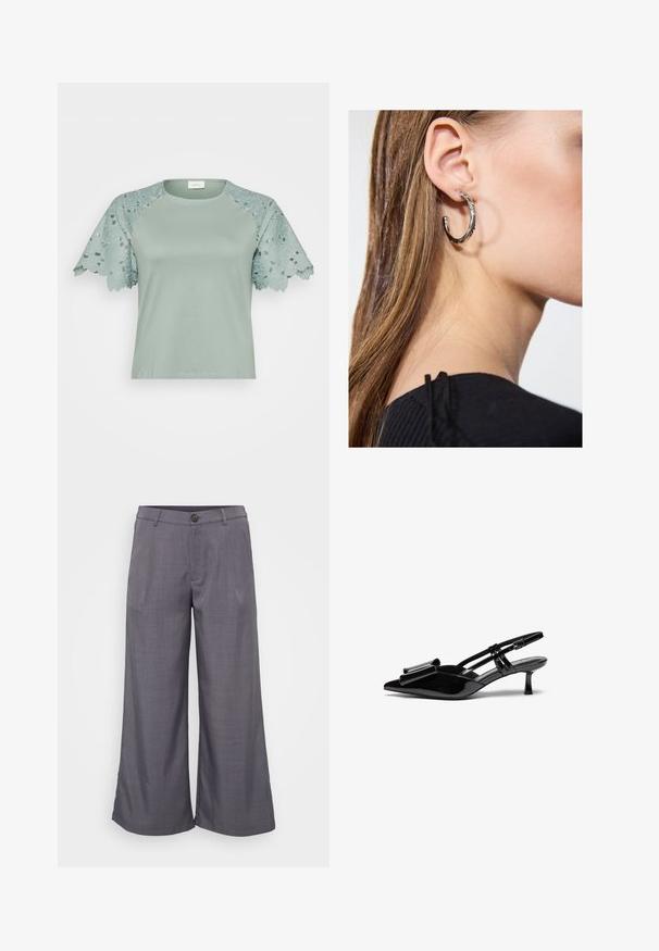 Top verde claro con mangas de encaje que presenta patrones florales y detalles recortados, mostrando un diseño casual pero elegante.; Pantalones grises de pierna ancha hechos de una tela suave, con cierre de botón en el frente, pliegues y un ajuste relajado hasta el tobillo.; Zapatos de tacón slingback de charol negro con punta afilada, detalle de lazo en el frente y un pequeño tacón de aguja. Las correas tienen hebillas ajustables.; Pendiente de aro de plata con un acabado pulido, que presenta pequeños detalles en dorado y una forma redonda, llevado en el lóbulo.