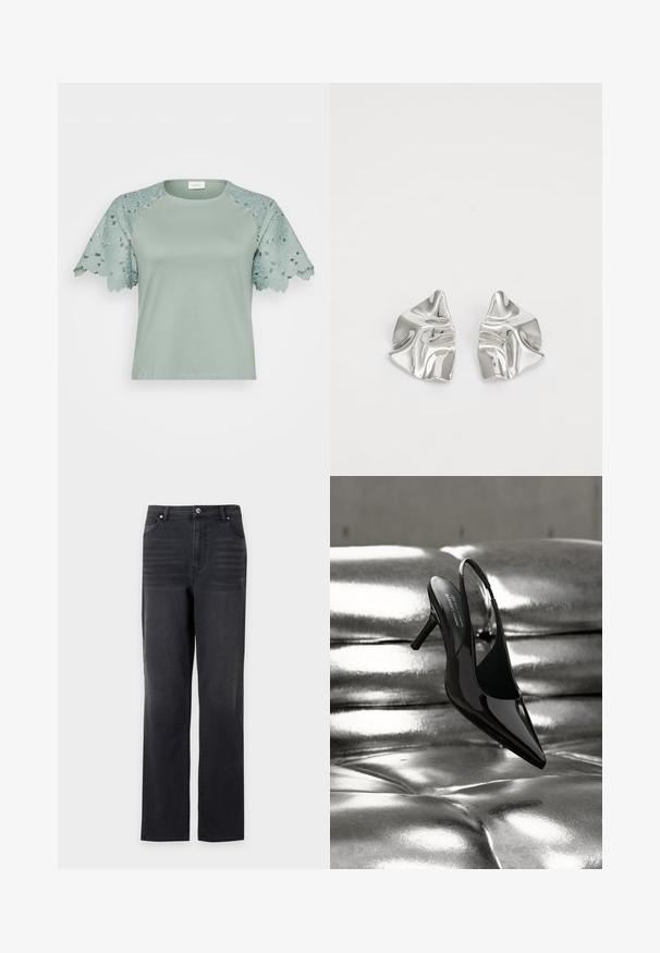 Lys grøn top med blondeærmer, der har blomsterkanter og udskæringsdetaljer, der fremhæver et afslappet, men stilfuldt design.; Sorte jeans med lige ben, frontlommer og bæltestropper, vist mod en hvid baggrund.; Sort laklæder slingback stilet sko placeret på en skinnende metallisk sølv læder pude baggrund.; Sølvmetal øreringe med et bølgende, skulpturelt design, der har en poleret overflade og uregelmæssige former, hvilket fremhæver en moderne æstetik.