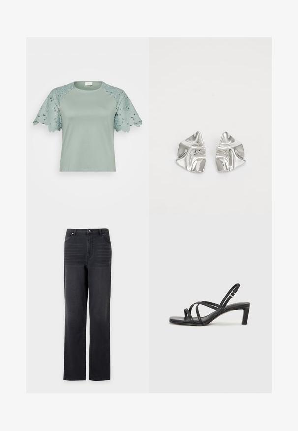 Top verde claro con mangas de encaje que presenta patrones florales y detalles recortados, mostrando un diseño casual pero elegante.; Vaqueros negros de corte recto con bolsillos delanteros y trabillas para cinturón, presentados sobre un fondo blanco liso.; Sandalia negra de tiras con punta cuadrada y tacón bajo de bloque. Presenta múltiples tiras delgadas y una correa ajustable en el tobillo. Fabricada en cuero suave.; Pendientes de metal plateado con un diseño ondulado y escultórico, que presentan un acabado pulido y formas irregulares, destacando una estética contemporánea.