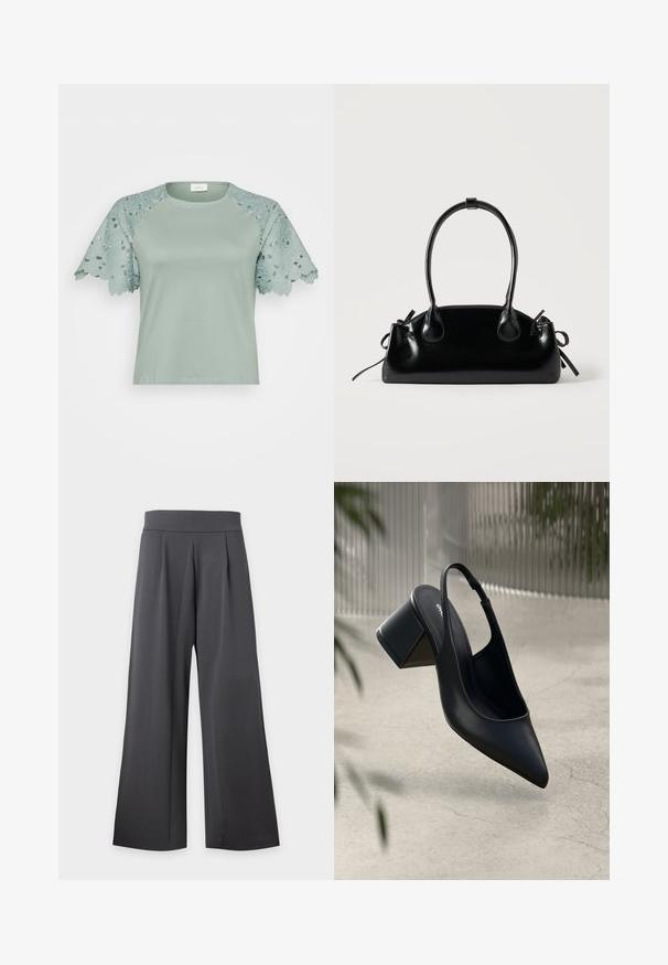 Hellgrünes Oberteil mit Spitzenärmeln, das florale Muster und Ausschnittdetails aufweist, und einen lässigen, aber stilvollen Entwurf präsentiert.; Hoch taillierte, weite dunkelgraue Hose mit vorderen Falten und einem glatten Bund, auf hellem Hintergrund dargestellt.; Schwarze Leder-Slingback-Pumps mit spitzem Zehenbereich und Blockabsatz. Glatte Textur, minimalistisches Design und verstellbarer Knöchelriemen.; Kleine schwarze glänzende Handtasche mit zwei langen Griffen und seitlichen Kordelzug-Details vor einfachem hellem Hintergrund.