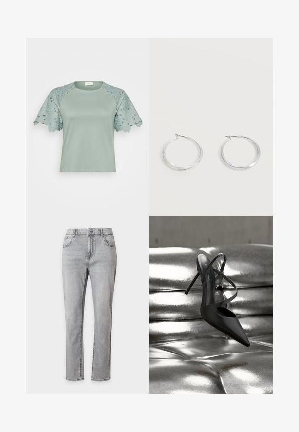 Lys grøn top med blondeærmer, der har blomsterkanter og udskæringsdetaljer, der fremhæver et afslappet, men stilfuldt design.; Grå straight-leg denimjeans med forreste knap, lynlås og fem-lomme stil på hvid baggrund.; Sort spids tå stilet hæl med krydsede stropper, hvilende på en skinnende sølvfarvet polstret læderoverflade.; Sølvfarvede metaloorringe med glat, let buet overflade og låsemekanisme på en ensfarvet hvid baggrund.