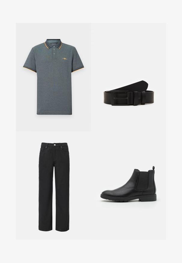 Polo gris con una tela texturizada, que presenta una tapeta de tres botones, acentos en color azul claro y naranja en el cuello, y un pequeño logo en el pecho.; Pantalones de pierna ancha negros de algodón con cuatro bolsillos, cierre frontal de botón y un diseño clásico de mezclilla. Textura suave, sin patrones visibles.; Botín Chelsea de cuero negro con paneles laterales elásticos y una tira de sujeción, con punta redondeada y suela de goma texturizada.; Cinturón de cuero negro enrollado con una hebilla metálica rectangular negra mate y dos trabillas sobre un fondo blanco.