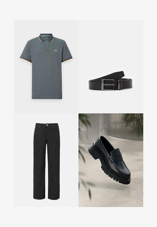 Grå polo shirt med et tekstureret stof, der har en tre-knaps placket, lyseblå og orange kraveaccenter samt et lille logo på brystet.; Sorte bukser med vid ben, lavet af bomuld, med fire lommer, frontlukning med knap og et klassisk denimdesign. Glat tekstur, ingen synlige mønstre.; Sorte læder loafers med en chunky sål, der har en dekorativ rem og syninger. Glat tekstur med en poleret overflade.; Sorte læderbælte med en rektangulær sølvmetalspænde, fladt design og glat tekstur. Enderne er tilspidsede for nem påtrækning.
