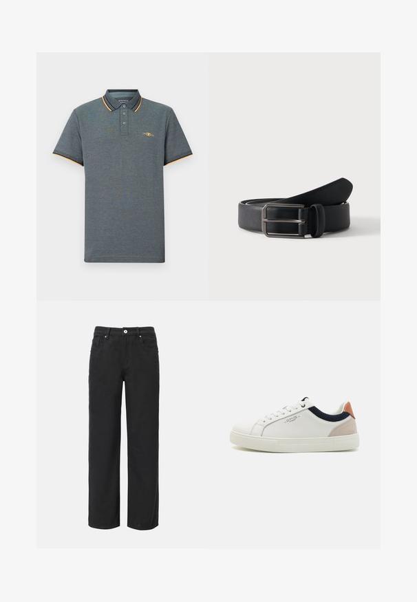 Polo gris con una tela texturizada, que presenta una tapeta de tres botones, acentos en color azul claro y naranja en el cuello, y un pequeño logo en el pecho.; Pantalones de pierna ancha negros de algodón con cuatro bolsillos, cierre frontal de botón y un diseño clásico de mezclilla. Textura suave, sin patrones visibles.; Zapatillas blancas de cuero con un diseño de caña baja, acento en tela azul marino en el cuello y una lengüeta de talón de ante rosa claro. Suela de goma.; Cinturón de cuero negro enrollado con hebilla rectangular de metal plateado sobre un fondo claro y sencillo.