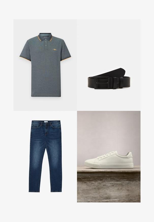 Grå polo shirt med et tekstureret stof, der har en tre-knaps placket, lyseblå og orange kraveaccenter samt et lille logo på brystet.; Mørkeblå slim-fit jeans med falmede detaljer, klassisk fem-lomme design, knappelukning og bæltestropper.; Hvide snørresneakers svævende over en træbænk med grønne planter i baggrunden, der fremhæver skodesign og tekstur.; Sort læderbælte rullet med en mat sort rektangulær metalspænde og to bæltesløjfer på en hvid baggrund.
