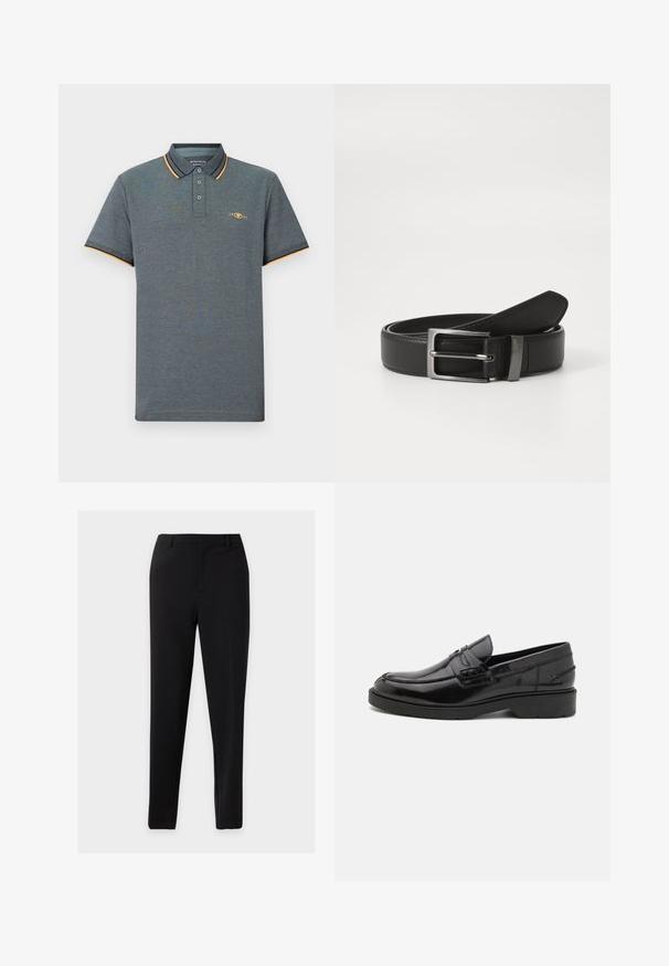 Polo gris con una tela texturizada, que presenta una tapeta de tres botones, acentos en color azul claro y naranja en el cuello, y un pequeño logo en el pecho.; Pantalones formales ajustados de color negro con trabillas para cinturón y un frente limpio, mostrados sobre un fondo liso y claro.; Mocasines de cuero negro con un acabado suave, punta redondeada, tacón bajo y costura decorativa en la parte delantera. Suela de goma para mayor agarre.; Cinturón de cuero negro con hebilla de metal plateada, que presenta un acabado suave y un diseño clásico. El cinturón está neatly doblado.