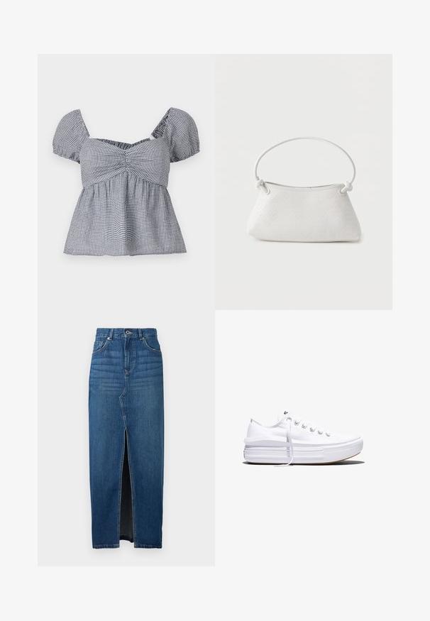 Hollister Co. CROSS BACK - Topp - white; Tumed sinine teksaseelik, millel on esi lõhik, kõrge vöökoht ja viie tasku disain. Valmistatud tugevast teksakangast, millel on nähtavad õmblused.; Valge madala lõikega lõuendijalanõu, millel on paks platvormpõhi, ees nöörimine ja kummist tekstuuriga varbakate, kujutatud külgvaates.; Valge punutud nahast käekott ümarate sangade ja sõlmitud sangade otstega, eksponeeritud tavalise tausta ees.