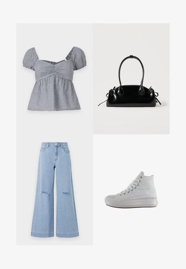 Hollister Co. CROSS BACK - Topp - white; Heledad sinine kõrge vöökohaga laialdased teksad, millel on kaks esikotti ja kaks rebenenud põlve detaili, valmistatud denimist. ; Valged kõrged teksakingad valgete paelte, metallist aukudega, paksu kummist tallaga ja tekstureeritud varbaküljega, suunatud vasakule valgel taustal.; Väike must läikiv käekott kahe pika sangaga ja külgedel paelakinnitustega, ühel lihtsal helel taustal.