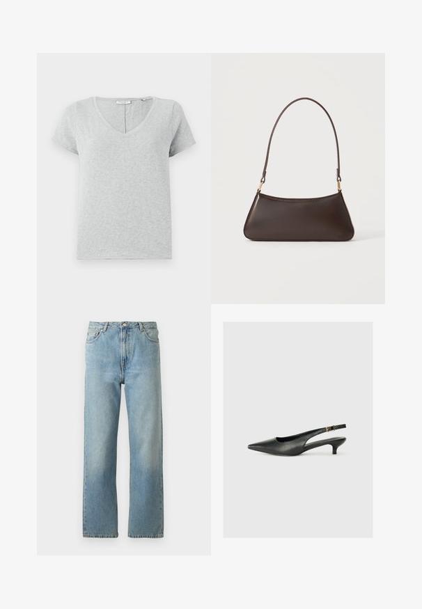 Grijze T-shirt met korte mouwen, gemaakt van zachte stof met een V-hals en een ontspannen pasvorm. Heeft een subtiele textuur en een eenvoudig ontwerp.; Lichtblauwe denimjeans met een recht gesneden ontwerp, voorzien van een vijf-pocketstijl en een knoopsluiting bij de taille.; Zwarte puntschoen met slingback van soepel leer. Kenmerkt zich door een dunne hak en een gespdetail op de verstelbare band.; Donkerbruine leren handtas met een gebogen bovenrits en een dunne schouderriem met gouden sluitingen op een effen achtergrond.