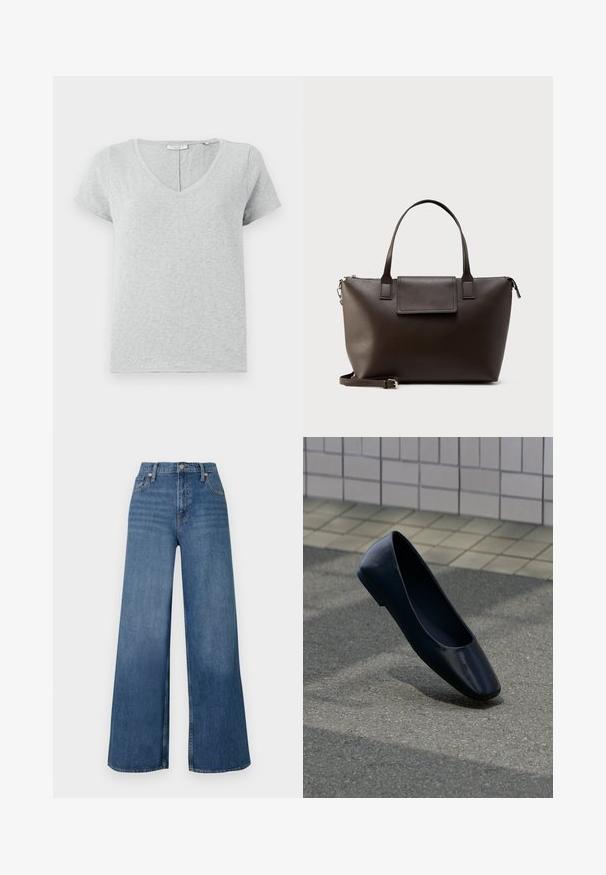 Grå kortærmet T-shirt lavet af blødt stof med V-hals og en afslappet pasform. Har subtil tekstur og et enkelt design.; Bredde jeans i blå denim med høj talje, frontknaplukning og klassisk fem-lomme design. Glat tekstur.; Sort læder flad sko, stående opret på en asfaltbelægning nær en flisebelagt fortovskant.; Mørkebrun læderhåndtaske med to håndtag, en klaplomme foran og en justerbar skulderrem, sat mod en hvid baggrund.