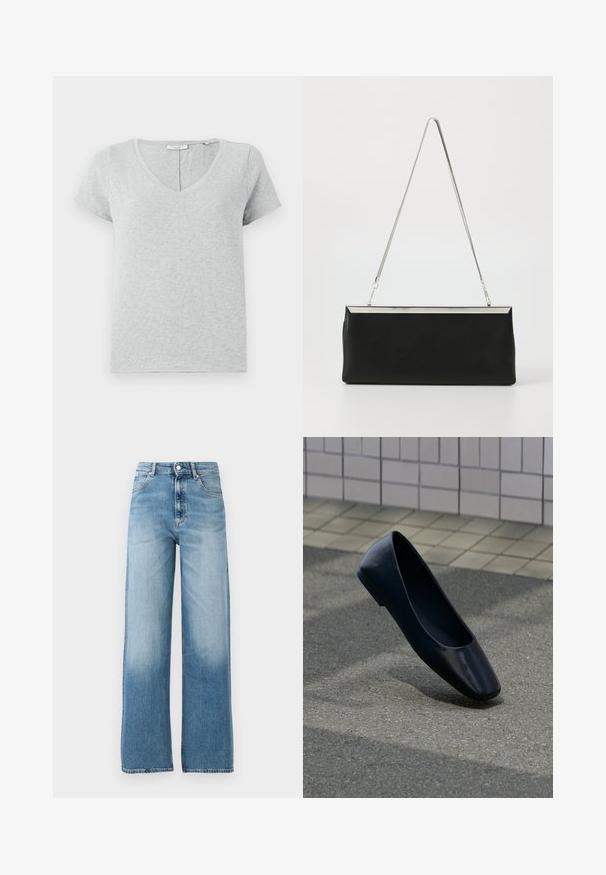 Grå kortærmet T-shirt lavet af blødt stof med V-hals og en afslappet pasform. Har subtil tekstur og et enkelt design.; Lysblå, vide jeans med høj talje. Lavet af denim, med knaplukning og fem lommer. Fades mod bunden.; Sort læder flad sko, stående opret på en asfaltbelægning nær en flisebelagt fortovskant.; Sort læder clutch taske med en sølvmetal kædehåndtag og en slank rektangulær form. Mat tekstur og minimalistisk design med en metallisk accent.