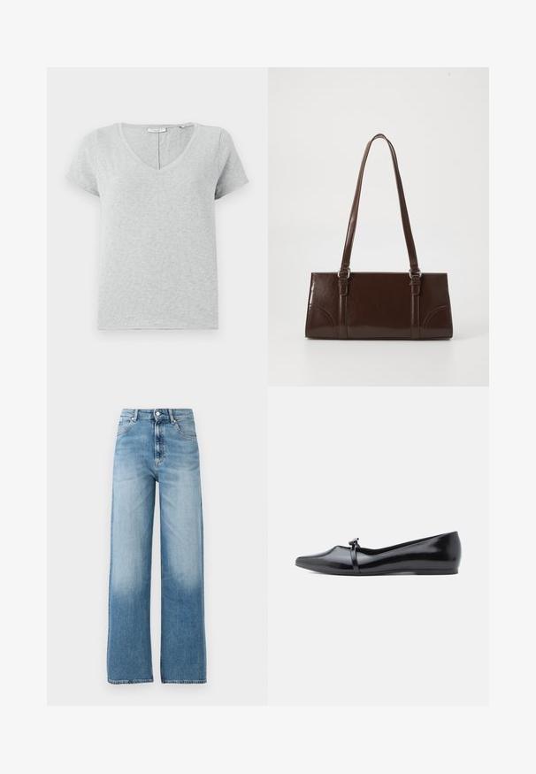 Grå kortærmet T-shirt lavet af blødt stof med V-hals og en afslappet pasform. Har subtil tekstur og et enkelt design.; Lysblå, vide jeans med høj talje. Lavet af denim, med knaplukning og fem lommer. Fades mod bunden.; Sort laklæderballerina med spids tå, dekorativ rem og glat tekstur. Minimalistisk design uden synlige detaljer.; Brun lakeret håndtaske med rektangulær form, to lange håndtag og subtile buede detaljer på fronten.