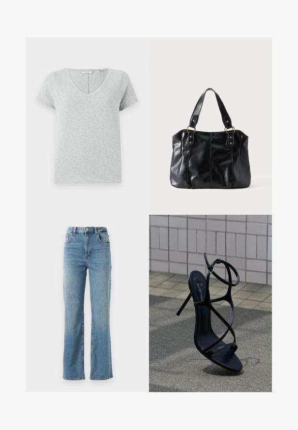 Grå kortærmet T-shirt lavet af blødt stof med V-hals og en afslappet pasform. Har subtil tekstur og et enkelt design.; Lyseblå denimjeans med høj talje, vide ben og klassisk fem-lomme design. Har diskret falming og lynlåsgylf.; Sort højhælet sandal med tynde remme og ankelspænde, placeret oprejst på grå fortov nær flisebelagt væg baggrund.; Sort læder skuldertaske med dobbelte stropper fastgjort med gyldne ringe og nitter, glat og let skinnende overflade, enkelt design.