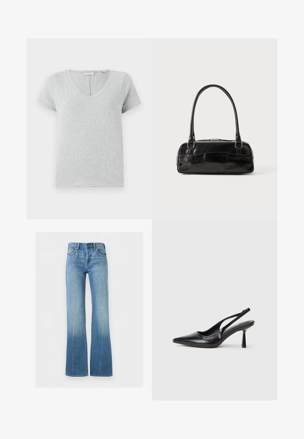 Grå kortærmet T-shirt lavet af blødt stof med V-hals og en afslappet pasform. Har subtil tekstur og et enkelt design.; Lyseblå denimjeans med høj talje og vide ben, med forlommer og knaplukning.; Sort læderslagback højhælet sko med spids tå og slank hæl på en hvid baggrund.; Sort læderhåndtaske med rektangulær form, der har et enkelt struktureret håndtag, sølvhardware og lynlås-lukning. Glat tekstur.