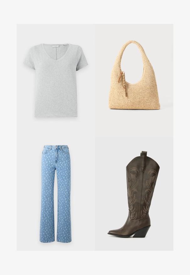 Grå kortærmet T-shirt lavet af blødt stof med V-hals og en afslappet pasform. Har subtil tekstur og et enkelt design.; Lysblå vidde jeans i denim med et blomster mønster i en lysere skygge. Høj talje design med standard lomme konstruktion.; Brune læder cowboystøvle med spids tå, kilehæl og dekorativ broderi. Har en høj stok og en trækflap.; Vævet beige håndtaske med et buet håndtag, struktureret overflade og en brun frynse detalje. Har en afslappet, hobo-form.