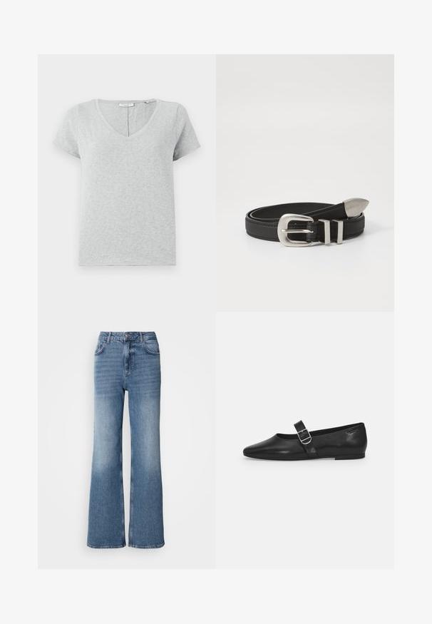Graues Kurzarm-T-Shirt aus weichem Stoff mit V-Ausschnitt und lockerer Passform. Verfügt über eine subtile Textur und ein einfaches Design.; Mos Mosh MAI - Jeans Straight Leg - blue wash; Schwarzer Lederflatschuh mit runder Zehenform, einem verstellbaren Schnallenriemen und einer glatten, glänzenden Oberfläche. Minimalistisches Design mit einem niedrigen Absatz.; Schwarzer Ledergürtel mit einer silbernen Metallschnalle und doppelten Schlaufenakzenten, mit einer strukturierten Oberfläche und einem sich verjüngenden Ende für einen sicheren Sitz.