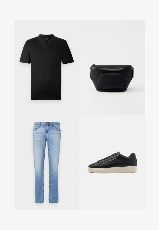 Čierne tričko s krátkym rukávom vyrobené z hladkého materiálu s výstrihom do V a rovnými okrajmi. Žiadne viditeľné vzory ani akcenty.; Svetlomodré džínsy s rovnými nohavicami, so zapínaním na gombík, piatimi vreckami a miernym vyblednutím látky.; Čierne kožené tenisky s hladkým povrchom, kontrastnou krémovou podrážkou, zaoblenou špičkou, zlatým logom na boku a šiestimi dierkami na šnúrky.; Čierna nylonová taška s prednou zipsovou kapsou, s hladkým povrchom a akcentom loga. Štruktúrovaný dizajn s prehnutým vrchom.