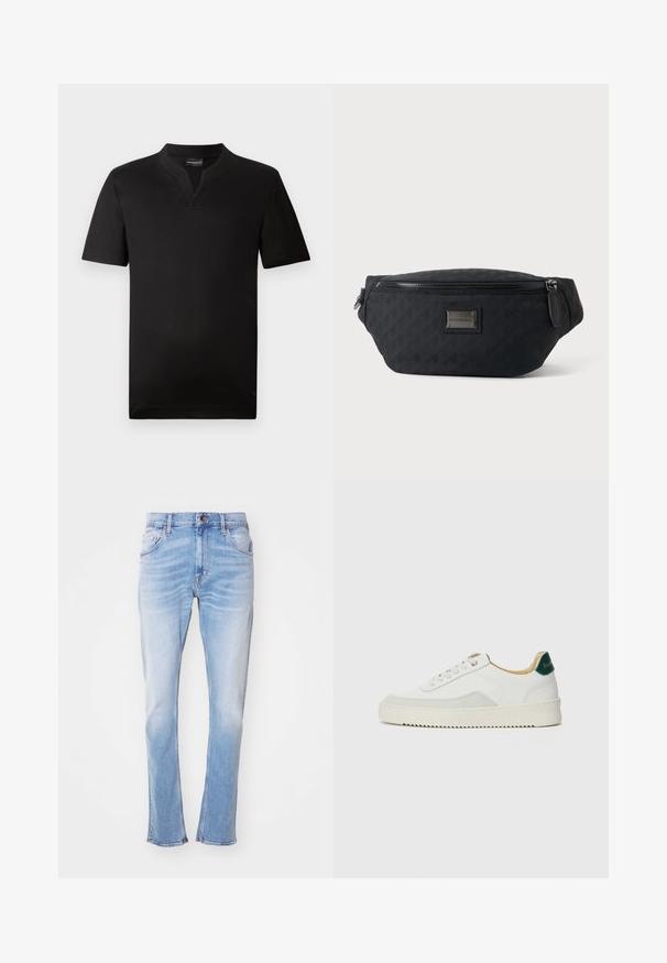 Sort kortærmet t-shirt lavet af glat stof med v-hals og lige kant. Ingen synlige mønstre eller accenter.; Lysblå jeans lavet af denim, med lige ben, subtilt slid, fem lommer og knaplukning. Ingen synlige mønstre eller udsmykninger.; Hvide sneakers med ruskindsdetaljer, rund tå, flade snørebånd og en cremet gummisål. Har grøn branding på hælen.; Sort stof talje taske med lynlås foran og lille metal logo plade i midten, vist mod en ensfarvet baggrund.