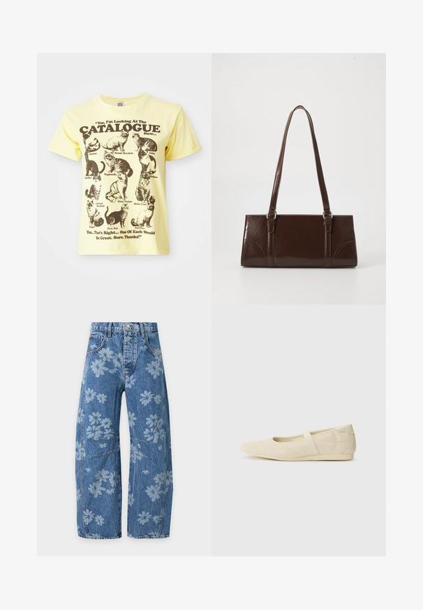 Gelbes Baumwoll-T-Shirt mit Illustrationen von schwarzen Katzen und dem Text: "Ja, ich schaue mir gerade den KATALOG an...". Mit Rundhalsausschnitt und kurzen Ärmeln.; Blaue Jeans mit weitem Bein aus Denim, hellen Blumenmustern, Fronttaschen, Knopfverschluss und abgesteppten Details an den Knien.; Beige Ballerinas aus glattem Leder mit mandelförmiger Zehenpartie und elastischem Riemen über dem Fußrücken, ausgestattet mit dezenten Nähtelementen.; Braune Lackleder-Handtasche in rechteckiger Form, mit zwei langen Griffen und subtilen, geschwungenen Akzenten auf der Vorderseite.