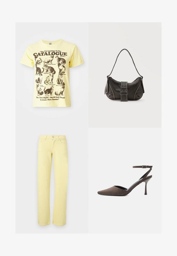 Gele katoenen t-shirt met illustraties van zwarte katten en tekst: "Ja, ik kijk nu naar de CATALOOG...". Met ronde hals en korte mouwen.; Rechtvallende gele broek met voorste knoop, ritssluiting en ontwerp met vijf zakken op effen achtergrond.; Bruine suède hoge hakken met spits toelopende neus, dunne enkelriem en zilveren gesp op een witte achtergrond.; Zwarte leren schoudertas met gespsluiting aan de riem, afgeronde hoeken en contrasterende witte stiksels op een effen achtergrond.
