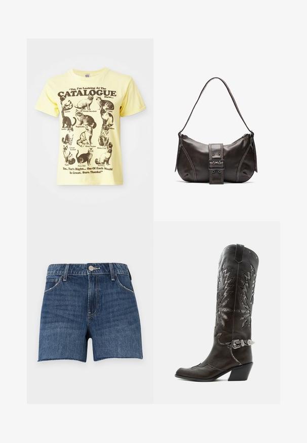 Gul bomulds T-shirt med illustrationer af sorte katte og teksten: "Ja, jeg kigger på KATALOGEN nu...". Rund hals, korte ærmer.; Denimshorts i mørkeblå med rå kant. Har en fem-lomme-design og en frontlukning med metalknap. Syede detaljer overalt.; Sort læder cowboystøvle med dekorative udskæringer, sølvspænde og skrå hæl, vist på hvid baggrund.; Brun læder skuldertaske med en buet form, der har et fremtrædende spænde, kontrasterende syninger og en enkelt skulderrem.