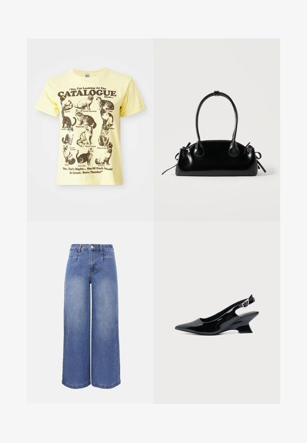 Gul bomulds T-shirt med illustrationer af sorte katte og teksten: "Ja, jeg kigger på KATALOGEN nu...". Rund hals, korte ærmer.; Høj talje, vidde ben, blå denimjeans med forlommer, bæltestropper, knaplukning og diskret falmen på ben og lår.; Sort laklæder slingback sko med spids tå og lav vinklet blokhæl på ensartet lys baggrund.; Lille sort blank håndtaske med to lange håndtag og snøre-detaljer i siden på en ensfarvet lys baggrund.