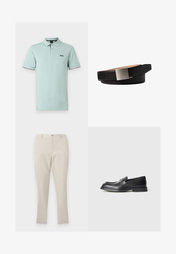 Polo vert clair en coton, avec un col classique, une patte de boutonnage à trois boutons et un logo noir. Manches ornées de poignets à rayures blanches.; Pantalon droit texturé beige clair avec passants pour ceinture, fermeture à bouton et zip frontal, présenté sur un fond uni.; Mocassins en cuir noir avec une finition texturée, dotés d'une bride décorative à l'avant et d'un bout arrondi. Semelle en caoutchouc pour plus de durabilité.; Ceinture en cuir noire avec une boucle carrée en argent gravée d'un petit logo Calvin Klein sur fond blanc.